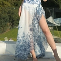 Blue floral print beach wrap skirt with high side slit and scalloped embroidery edge - One Size / Beach Wrap Skirt