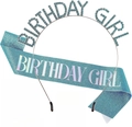 Blue glitter birthday girl headpiece and sash set for children's birthday parties - Sky Blue Set
