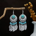 Bohemian silver drop earrings with turquoise stones and leaf tassels on wood - Blue Silver (E6089-3)