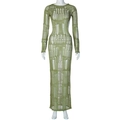 Green long sleeve knit dress featuring a hollow-out crochet pattern and maxi length - S / Green