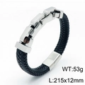 Men's black braided leather bracelet with silver stainless steel chain, 215x12mm size - 21.5cm / Steel Smooth