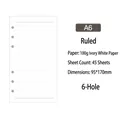 Detailed specs for A6 6-hole refill paper 100g ivory white lined sheets 95x170mm - A6 6-Hole Lined Refill Paper (45 Sheets)