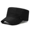 Classic black flat top military cap with textured fabric and metallic brand side detail - Adjustable / Black