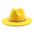Detail of yellow wool felt fedora featuring a braided tan rope accessory and classic brim - M (56-58cm) / Yellow