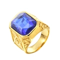 Anello massonico dorato da uomo con grande gemma blu rettangolare e incisioni laterali - Misura 7 / Oro con pietra blu chiaro