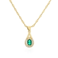Detailed macro of 18K gold plated teardrop necklace with green gemstone and zircon accents - Teardrop Green Gemstone/Style 22393