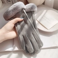 Women's warm grey faux suede gloves with cozy fur cuffs and touchscreen fingertips - One Size / Grey Fleece Trim