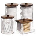 Set of 4 transparent storage jars with dark wooden lids for cotton pads and swabs - 4pcs Set - 3 Round + 1 Square with Black Wood Lid