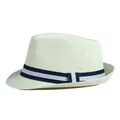 Classico cappello fedora in paglia intrecciata bianca con fascia a righe blu e grigie - M (56-58cm) / Bianco Sporco