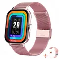 Detail view of rose gold smartwatch with Milanese strap and extra pink silicone band - Pink (Silicone + Steel Band)
