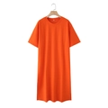 Detail view of bright orange short sleeve maxi dress with side slit and crew neck - S / Bottoms / Orange Red