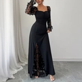 Elegant black long sleeve maxi dress with square neck, mesh inserts and floral details - S / Black