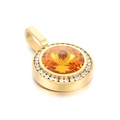Ciondolo tondo in acciaio dorato con grande pietra arancione e corona di zirconi - Stile Ambra Oro (KP100771-K)