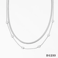 Double-layered silver stainless steel necklace with snake chain and square bead detail - Silver Necklace D1233