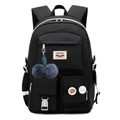 Black school backpack for students with plush ball charm and decorative badges - With Leaf Charm Pompom / Black