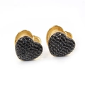 Gold plated heart hoop earrings with micro-paved black zircon stones on white background - Heart / Gold Black Zirconia