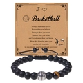 Basketball charm bracelet with 8mm matte black beads and tiger eye stone on display card - Basketball Woven Style 2