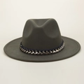 Elegant olive green wool felt fedora hat featuring a stylish silver chain and ribbon - M (56-58cm) / Green