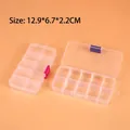 Macro view of transparent 10-grid plastic organizer box with removable dividers and secure clips - Adjustable Small 10-Compartment (12.9x6.7x2.2cm)
