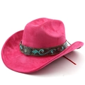 Détail du chapeau de cow-boy rose en daim avec boucle papillon vintage et broderies - M (56-58cm) / Rose rouge