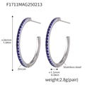 Silver stainless steel hoop earrings with micro-pave blue zircon in 26mm diameter - Style A-15mm / Steel Blue Zirconia