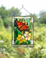Stained glass panel with monarch butterfly and yellow flowers on a metal chain - Style 4 (Red Butterfly)