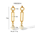 Long pearl earrings in gold stainless steel with detailed measurement and 70mm length - Geometric Long Pearl Drop Earrings (YYE023514)