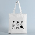 White canvas tote bag featuring minimalist black line art of three walking figures - STD239-O/Three People Walking