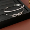 Silver double-layer open bangle with zirconia pig nose links on black leather - Double Layer Link Chain Open Bangle / Silver