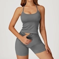 Ensemble de yoga sans couture gris foncé avec brassière côtelée et short de fitness - S / Vest + Shorts - Liberty Gray