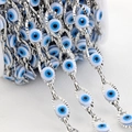 Silver evil eye chain for DIY jewelry with blue and white enamel beads - Silver