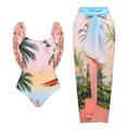 Two-piece coconut print bikini set with 3D floral straps and matching sarong skirt - S / Applique One-Piece with Sarong Set