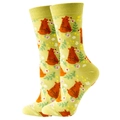 Yellow-green mid-calf cotton socks with cute brown bear and white flower patterns - Size 35-42 / Green Bear