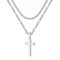 Collier double épaisseur en acier inoxydable avec chaînes Cuban, Figaro et pendentif croix - Double Couche Cubaine 3:1 / Acier