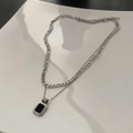 Double-layered titanium steel necklace with Figaro chain and black rectangle pendant - 05-I 17 Double Layer Square Pendant Silver