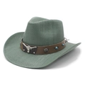 Western straw cowboy hat in sage green with bull head buckle and turquoise beads decoration - M(56-58cm) / Water Lily Green