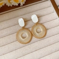 Vintage grid pattern hoop earrings with white oval studs and gold wire-wrapped circles - Clip-on Earrings / Gold-White