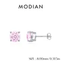 Elegant S925 sterling silver stud earrings with 8mm pink firework cut round zircons - 925 Silver/Pink Zirconia / 8mm