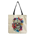 Detailed macro view showing the canvas texture and colorful sugar skull print on tote - Off-white Background Colorful Skull and Butterfly (hm6650)