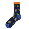 Dark blue mid-calf socks with colorful cactus jacquard patterns and orange rib cuffs - Blue Orange Cuff Cactus