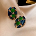 Vintage oval enamel earrings in deep blue and green with gold floral accents - Silver Pin Enamel Flower Oval Earrings (8#)