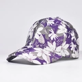 Detailed close-up of purple baseball cap with white floral prints and reinforced brim - Style 02 / Purple with White Flowers