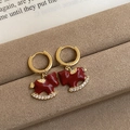 Golden rocking horse earrings with red enamel and pavé rhinestones on brown velvet - 86# Earring Buckle Gold Red Real Gold Zirconia Rocking Horse