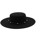 Classic black flat top wool felt boater hat with gold bead trim and a wide brim style - M (56-58cm) / Black