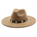 Classic camel faux suede wide brim fedora with vintage silver studded black leather band - M (56-59cm) / Khaki