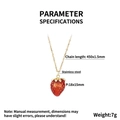 Detailed view of red strawberry pendant on golden stainless steel chain with dimensions - Strawberry Shape Style (KN292085-Z)