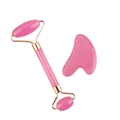 Dual-head facial roller and heart-shaped gua sha set in pink quartz with rose gold accents - Resin Roller + Transparent Pink Gua Sha Board