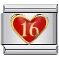 Italian charm link featuring a gold heart with red enamel and number 16 on silver steel - 0490-red Heart No. 16