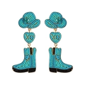Detail of turquoise beaded boot earrings with gold-plated Western cowboy hat and heart studs - Style 6 Blue XO