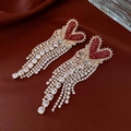 Detailed view of red heart earrings with silver rhinestone tassels on silk background - Red Heart Rhinestone Tassel (7#)